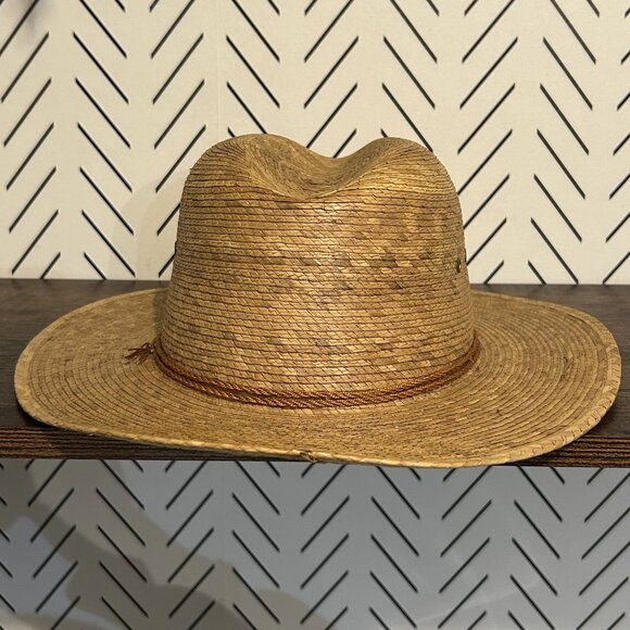 Vintage Sahuayo Mexican Palm Straw Hat Wide Brim Ventilated Crown Sun Beach - Picture 10 of 11